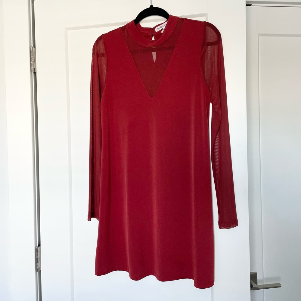 BCBGeneration burnt red/orange dress with mesh long sleeves & plunging neckline